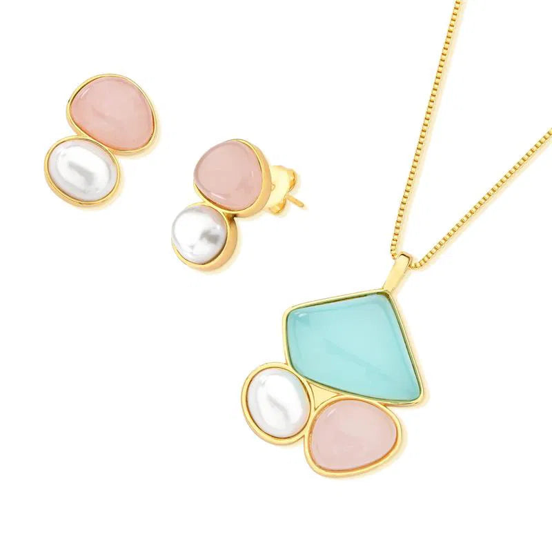 Possebon Joias Set Collar y Pantallas Stud, Piedra Natural Agata Cielo/ Cuarzo Rosa/ Perla Concha Blanca, Brass Gold Plated