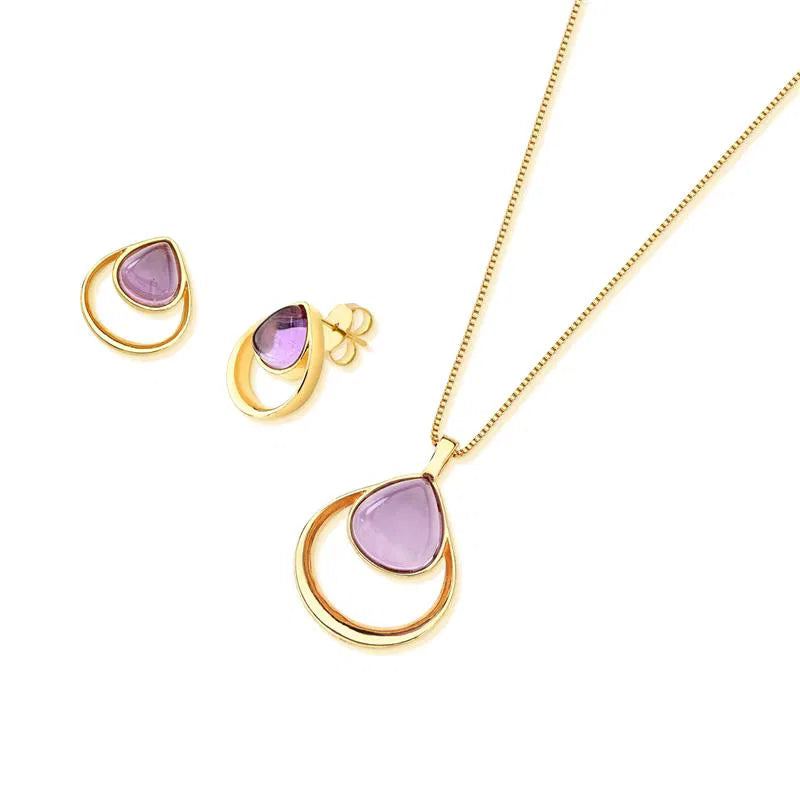 Possebon Joias Set Collar y Pantallas Stud, Piedra Natural Amatista, Brass Gold Plated