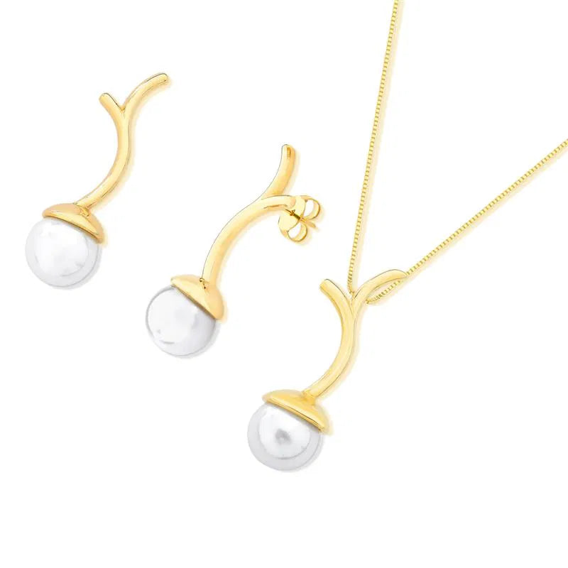 Possebon Joias Set Collar y Pantallas Stud, Piedra Natural Perla Shell Blanca, Brass Gold Plated