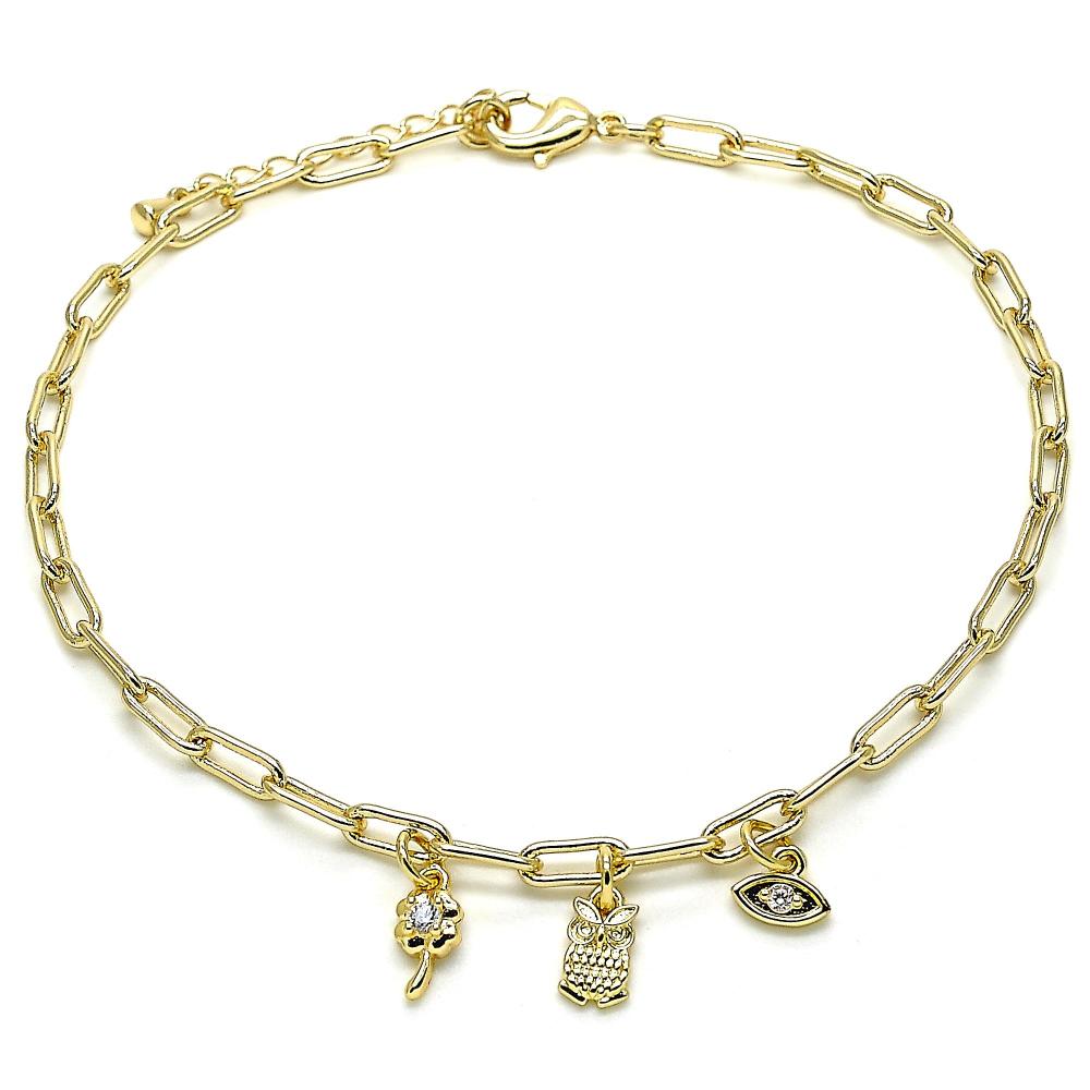 Tobillera, Charms Buho y Flores Fancy, Gold Filled