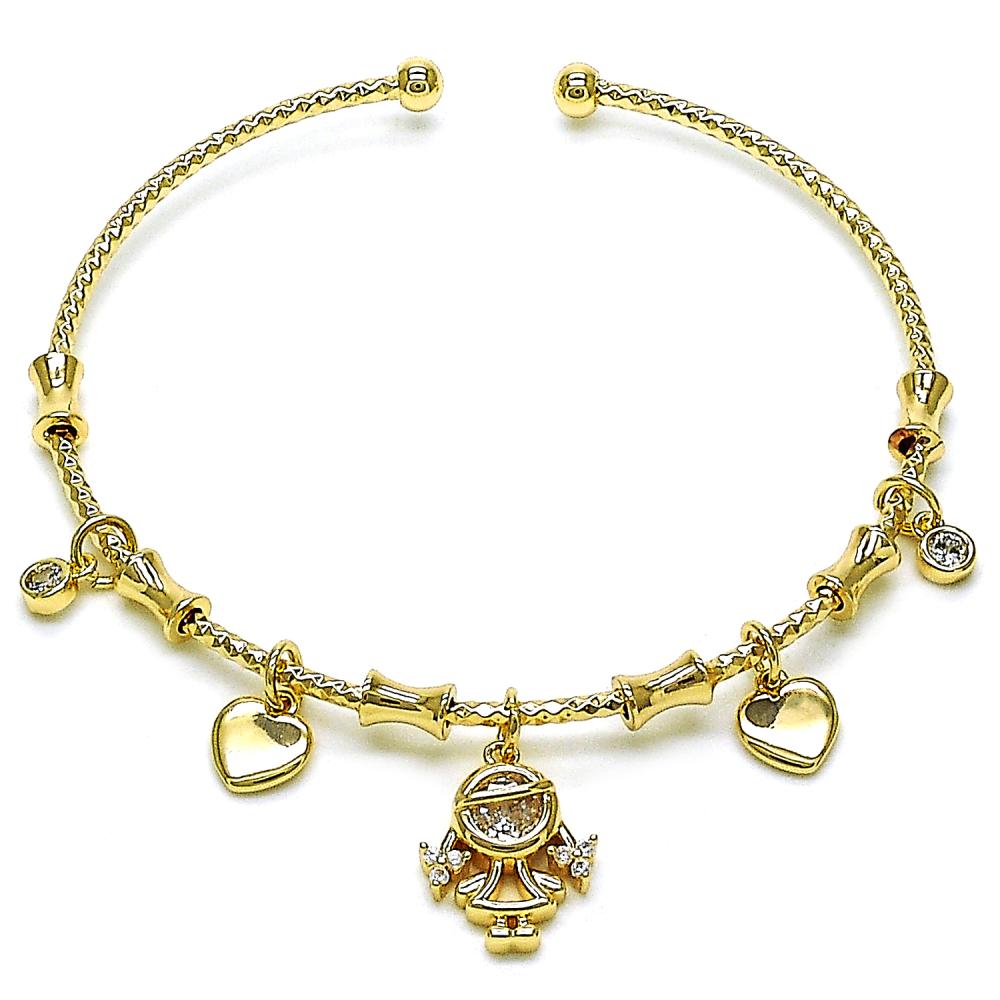 Pulsera Bangle, Charms Niña con Zirocnia Blanca y Corazones, Gold Filled