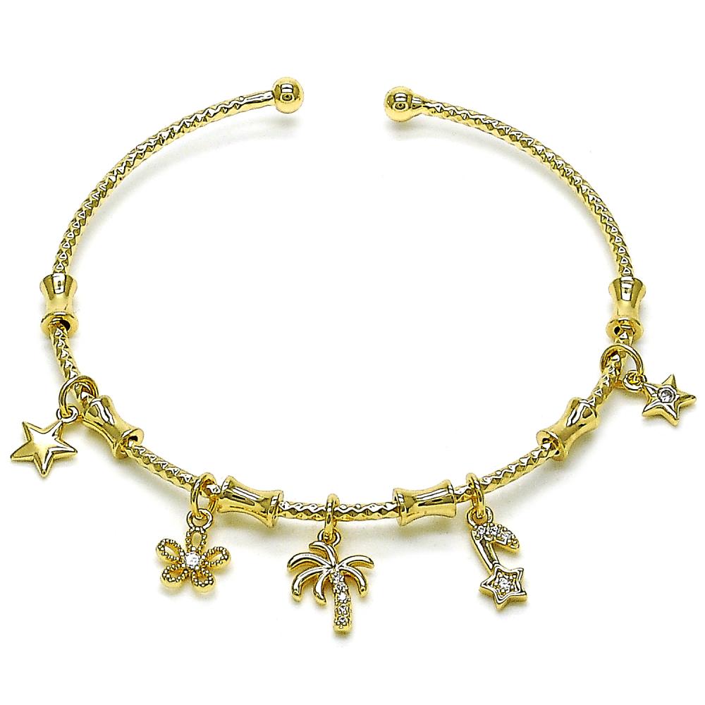 Pulsera Bangle Fina, Charms Palmas,Sol y Estrella, Gold Filled