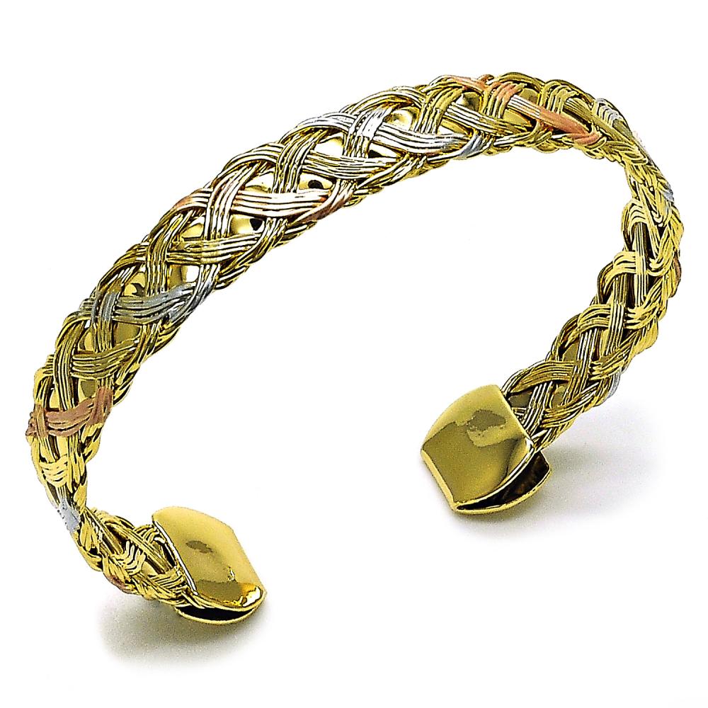 Pulsera Bangle Twist Trenzado Diseño "X", Tri Color, Gold Filled