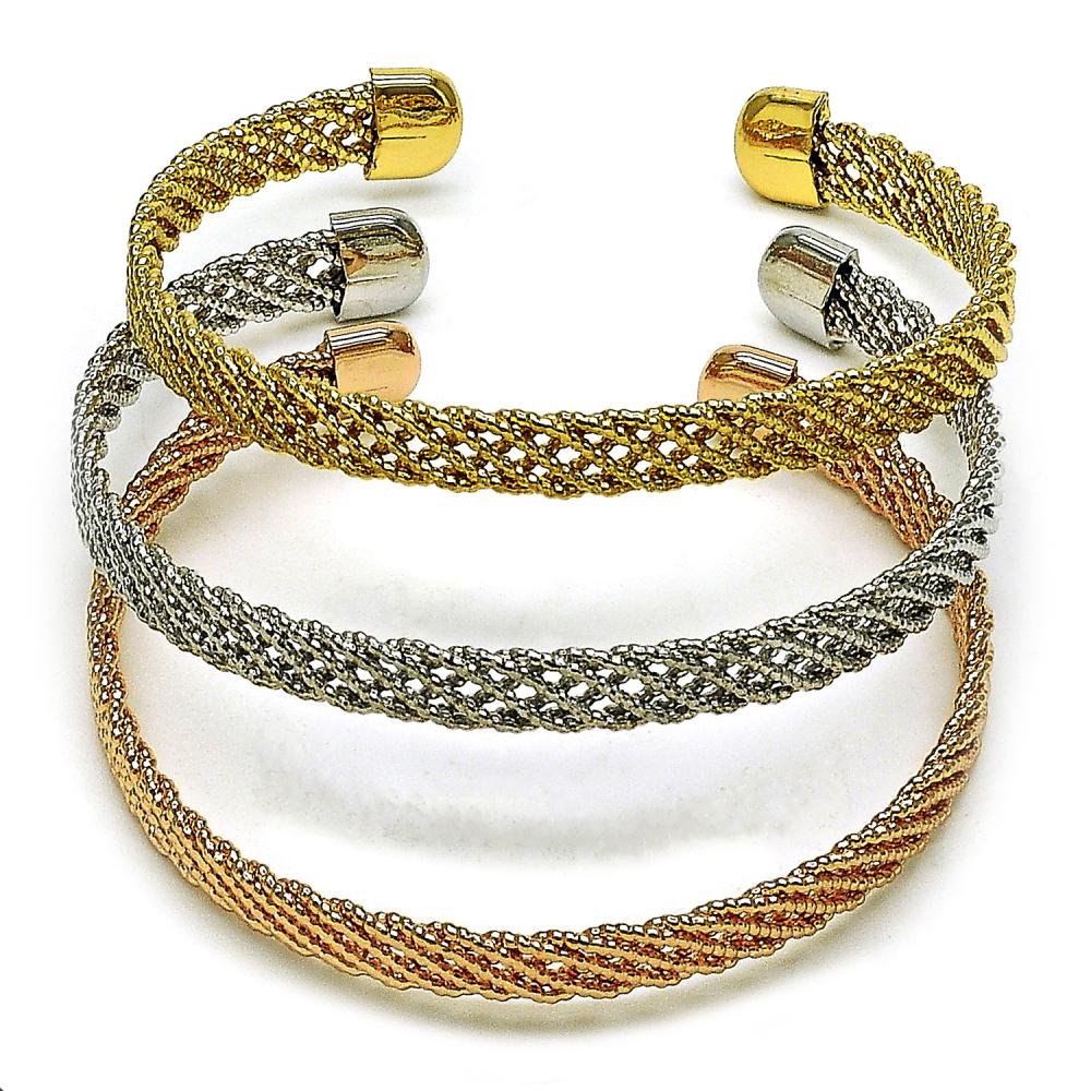 Pulsera Bangles Trio, Tri Color, Braided Design, Gold Filled