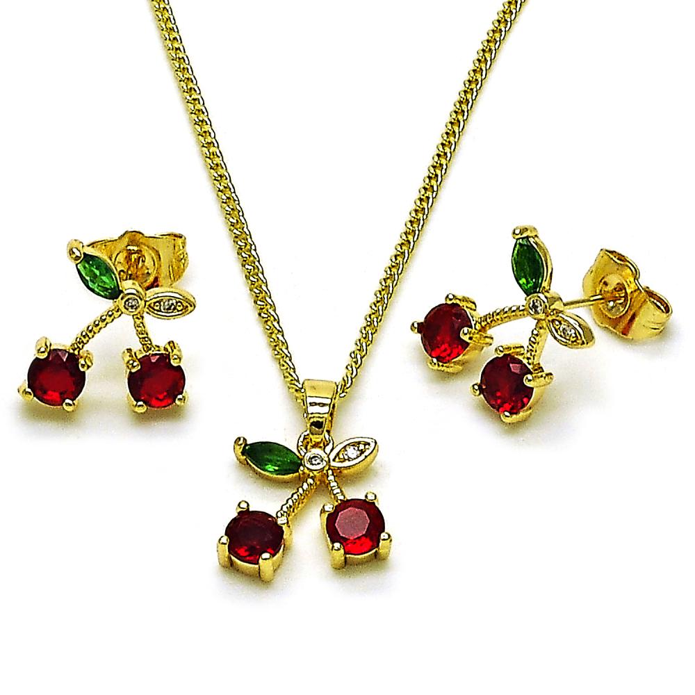 Set Collar/Pantallas Cherry, Zirconia Blanca, Roja y Verde, Gold Filled