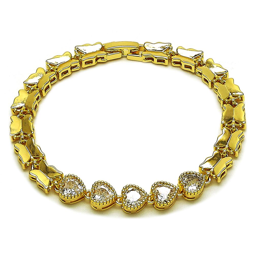 Pulsera, Charm Mariposa y Corazones con Zirconia Blanca, 7.4mm, Gold Filled