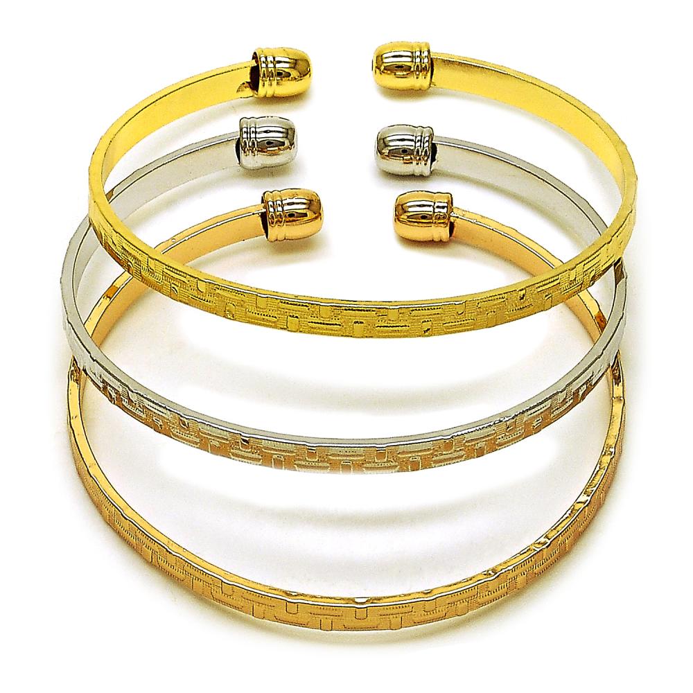 Pulsera Bangles Trio, Tri- Color, Relieve, Gold Filled