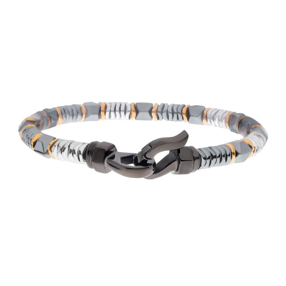 INOX- Black & Gold Hematite Beads Bracelet with Hinged Steel Hook Clasp