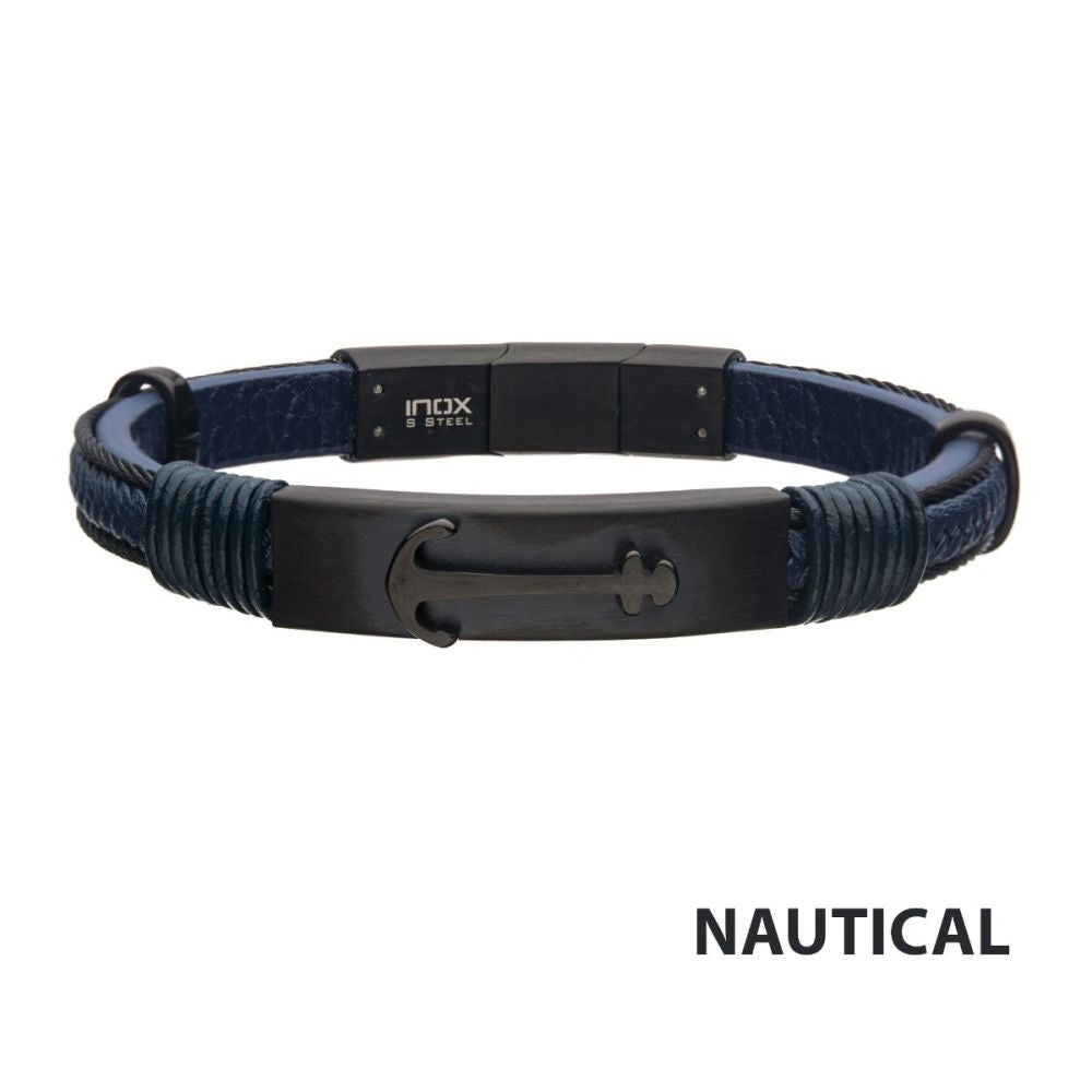 INOX- Blue Leather with Black IP Anchor Bracelet