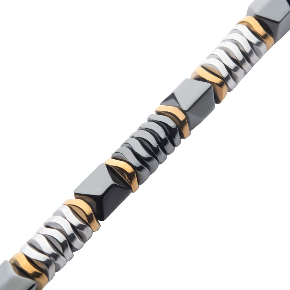 INOX- Black & Gold Hematite Beads Bracelet with Hinged Steel Hook Clasp