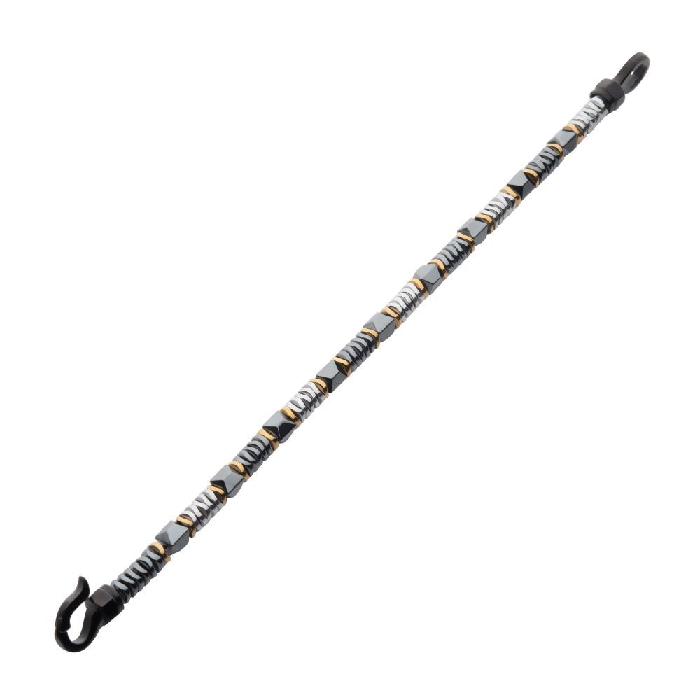 INOX- Black & Gold Hematite Beads Bracelet with Hinged Steel Hook Clasp