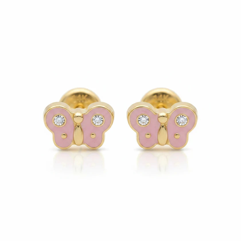 14K Spanish Screw Back Earrings: Pink Enamel Butterfly With Pave Cubic Zirconia (CZ).