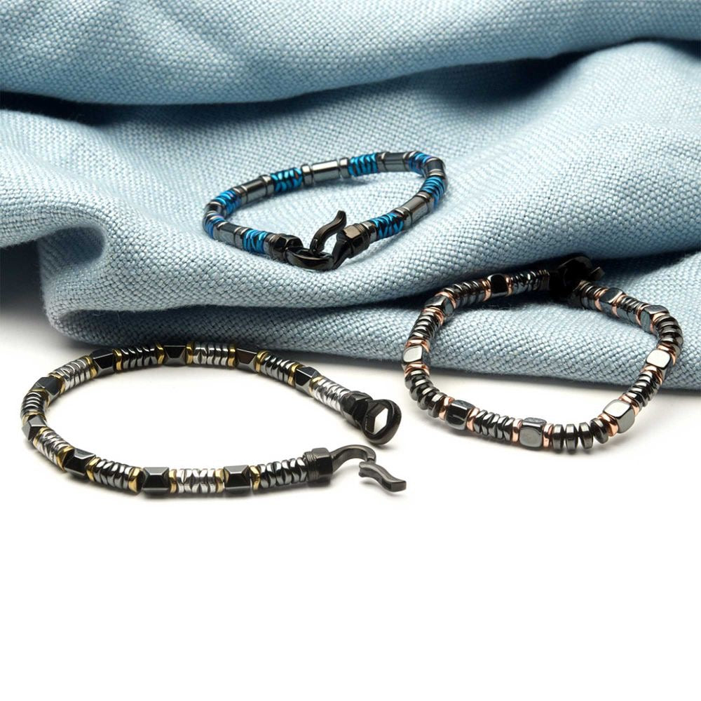 INOX- Black & Gold Hematite Beads Bracelet with Hinged Steel Hook Clasp