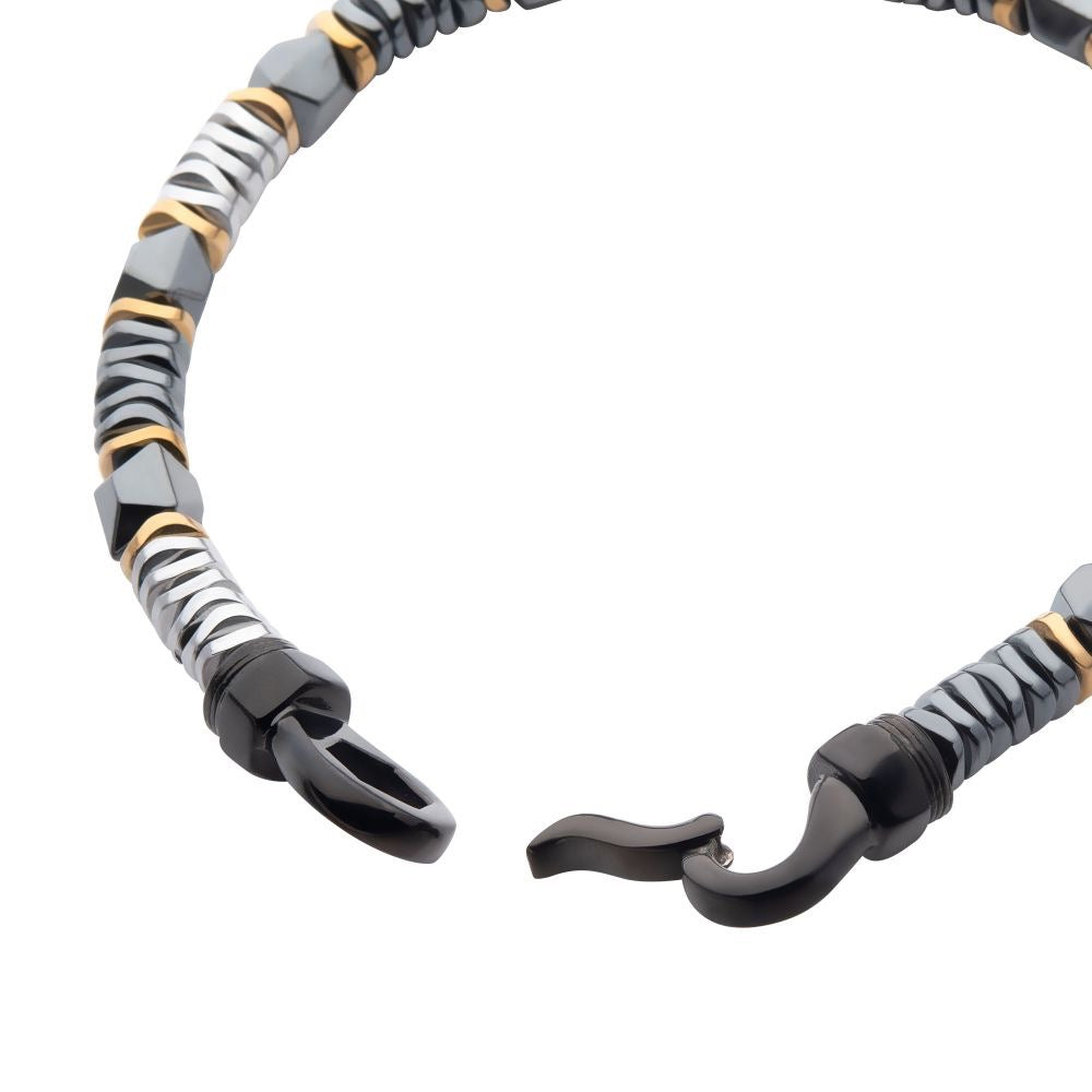 INOX- Black & Gold Hematite Beads Bracelet with Hinged Steel Hook Clasp