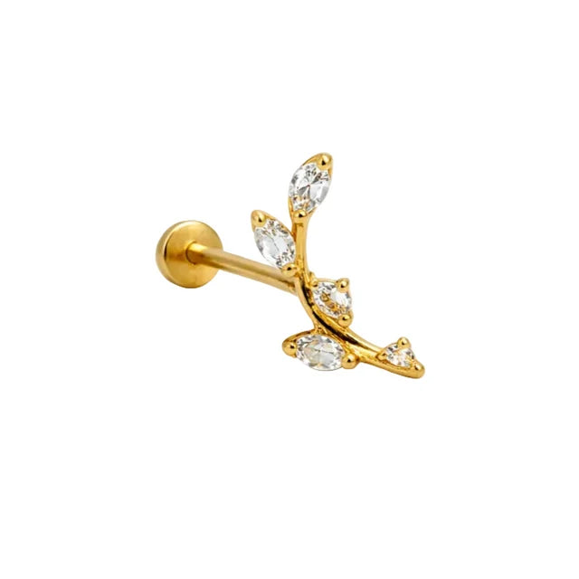 14K Cartilage Piercing: Leaf Branch with Cubic Zirconia (CZ) With 8mm Tube.