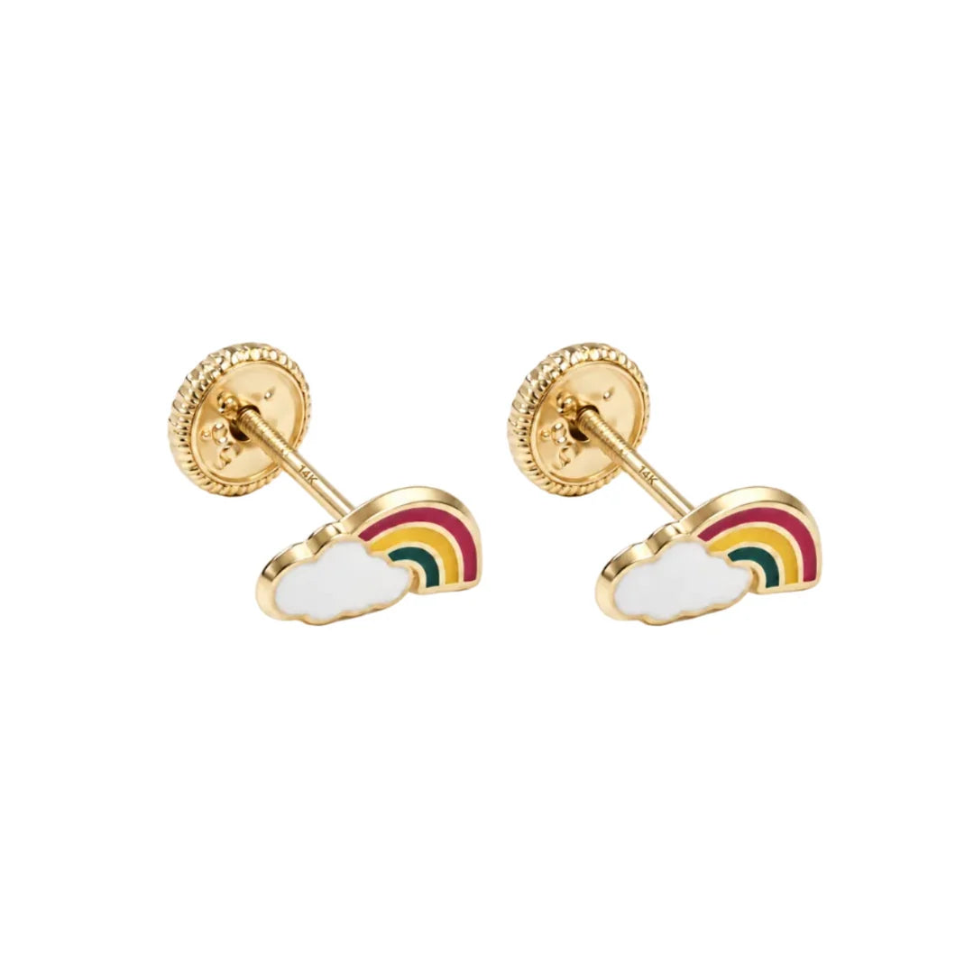14K Spanish Screw Back Earrings: White Enamel Cloud With Pink, Yellow, and Green Enamel Rainbow.