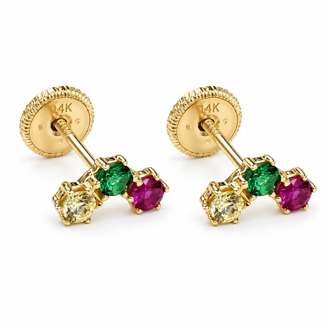 14K Spanish Screw Back Earrings: Three Round Cubic Zirconia (CZ) in a Horizontal Row- Multicolor