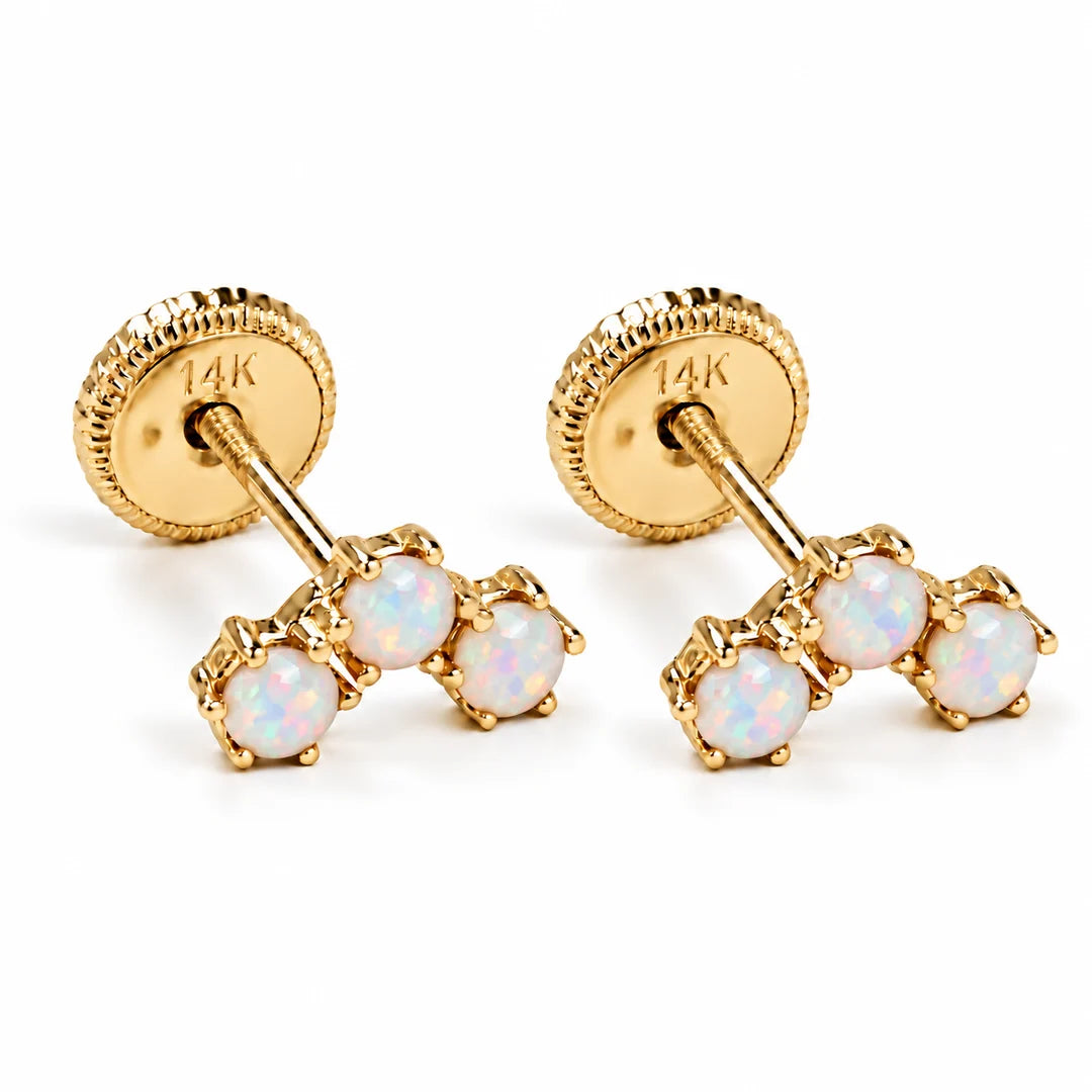 14K Spanish Screw Back Earrings: Three Round Cubic Zirconia (CZ) in a Horizontal Row