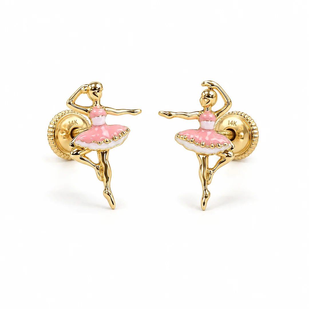 14K Spanish Screw Back Earrings: Enamel Ballerina.