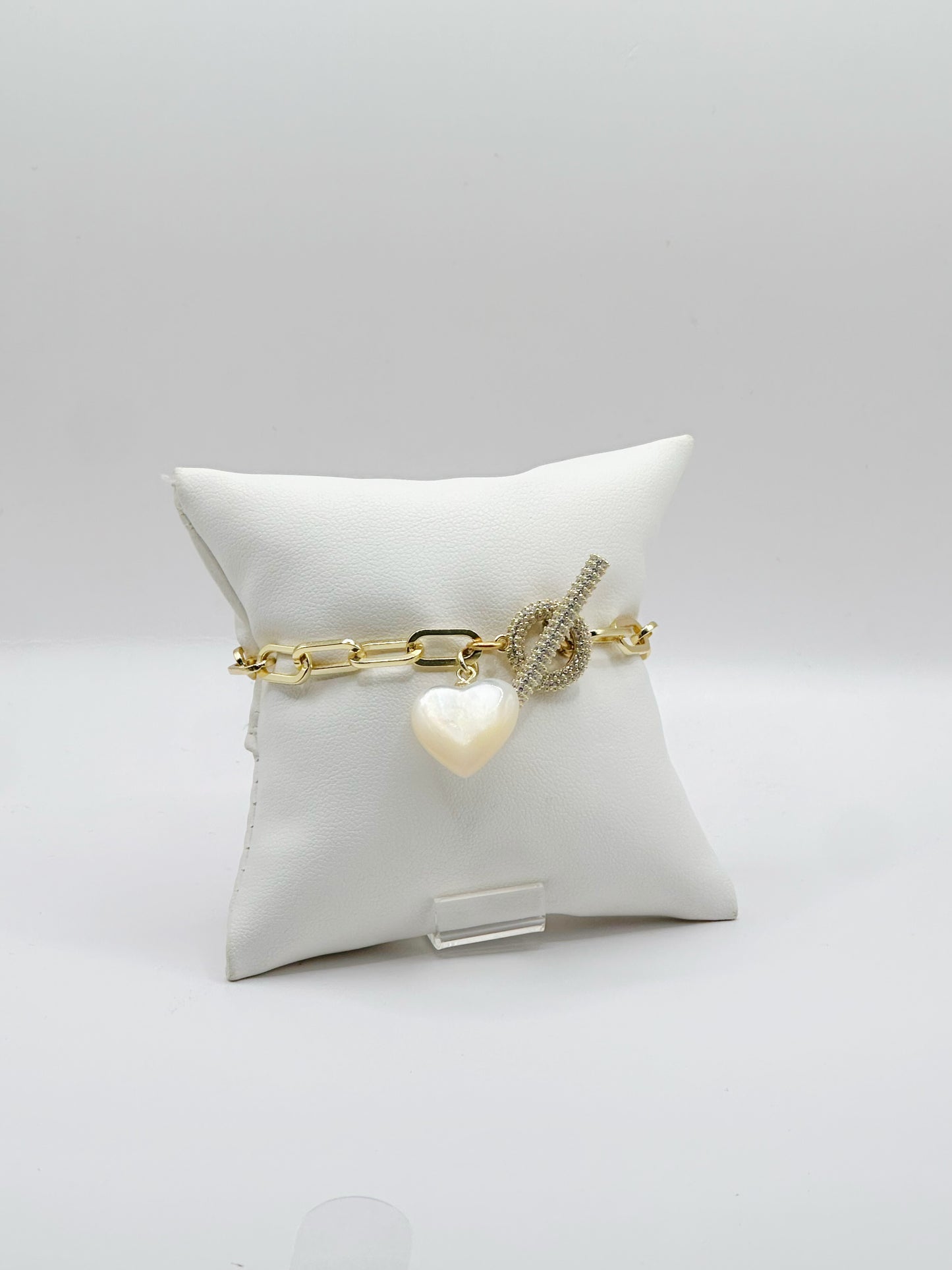 Pulsera Paperclip, Charm Corazón Madre Perla, Cierre Zirconia Fancy Plata 925, 14kt Rhodium Plated