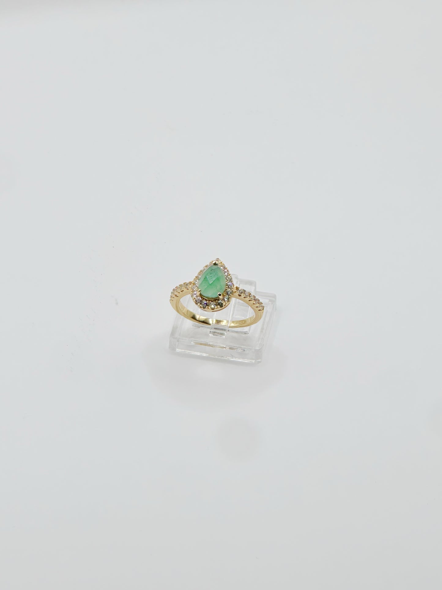 Sortija de Mujer, White Zirconia & Green Agate Duo, Size 7, Gold Plated, Plata 925