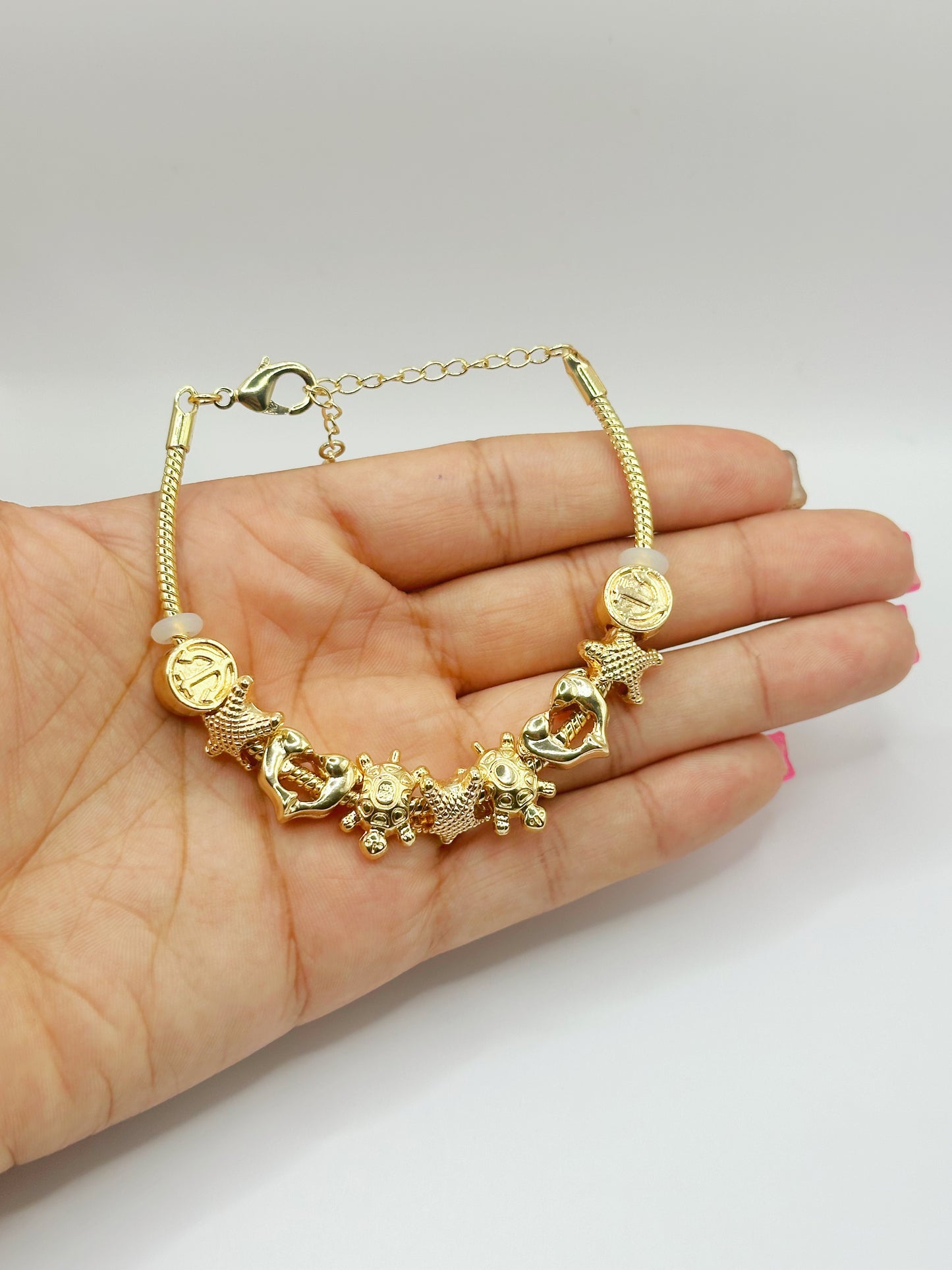 Starfish and Turtle Charm Bracelet Gold Filled