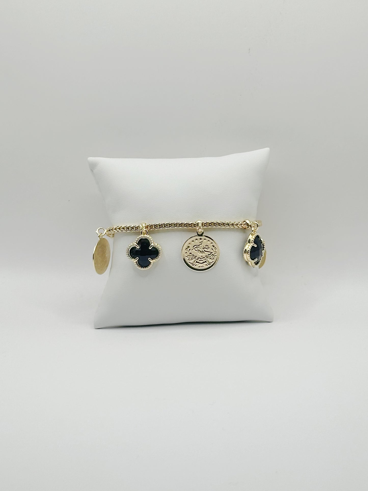 Black Clover and Coin Charm Micro Paved Bracelet Gold Filled