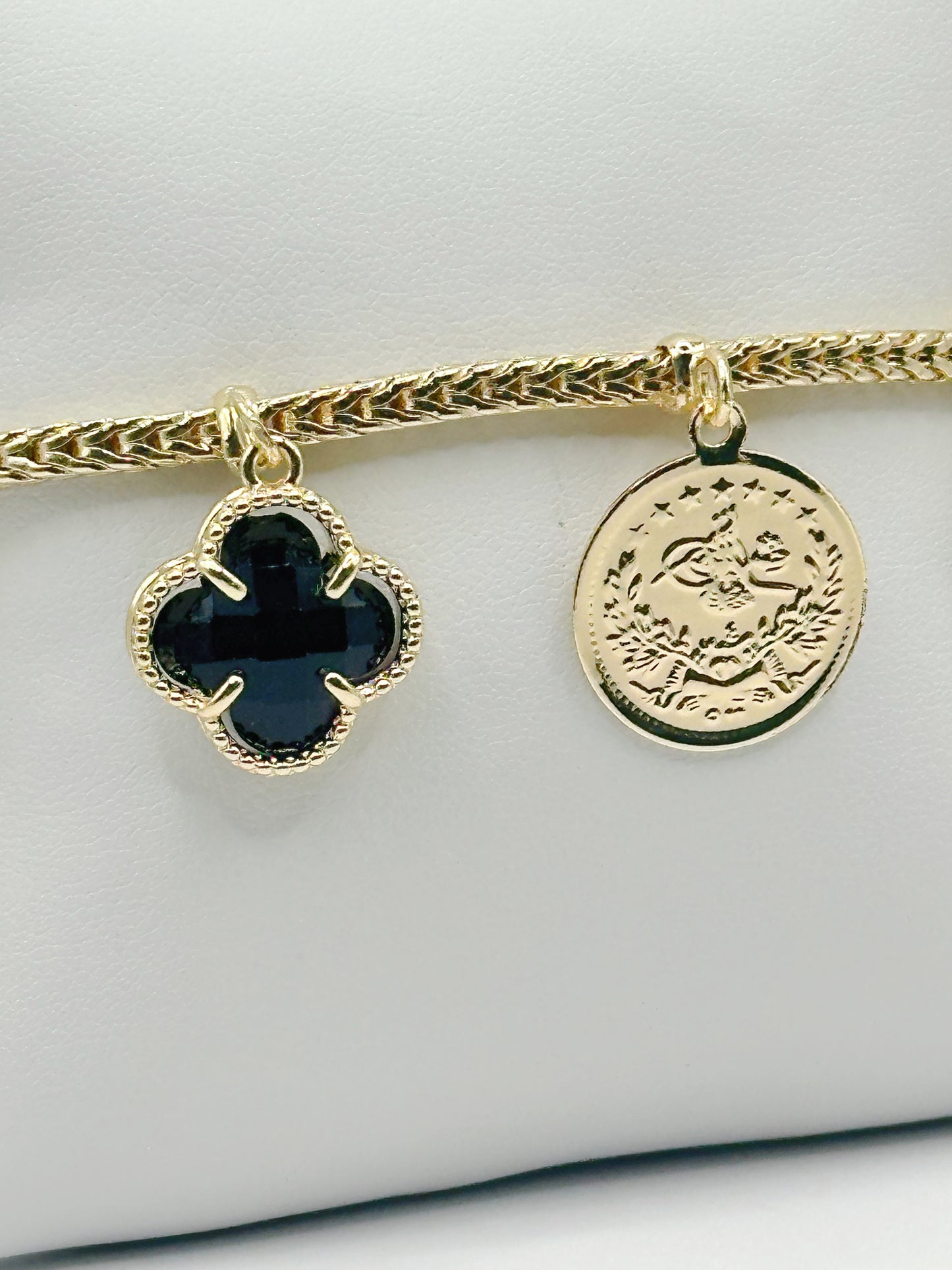 Black Clover and Coin Charm Micro Paved Bracelet Gold Filled