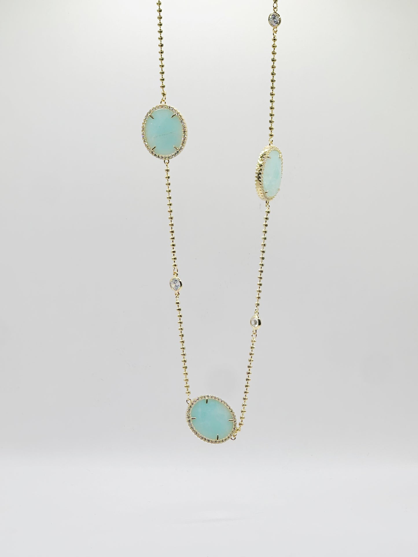 Collar Largo, Piedra Amazonite , Zirconias, Gold Plated Plata 925