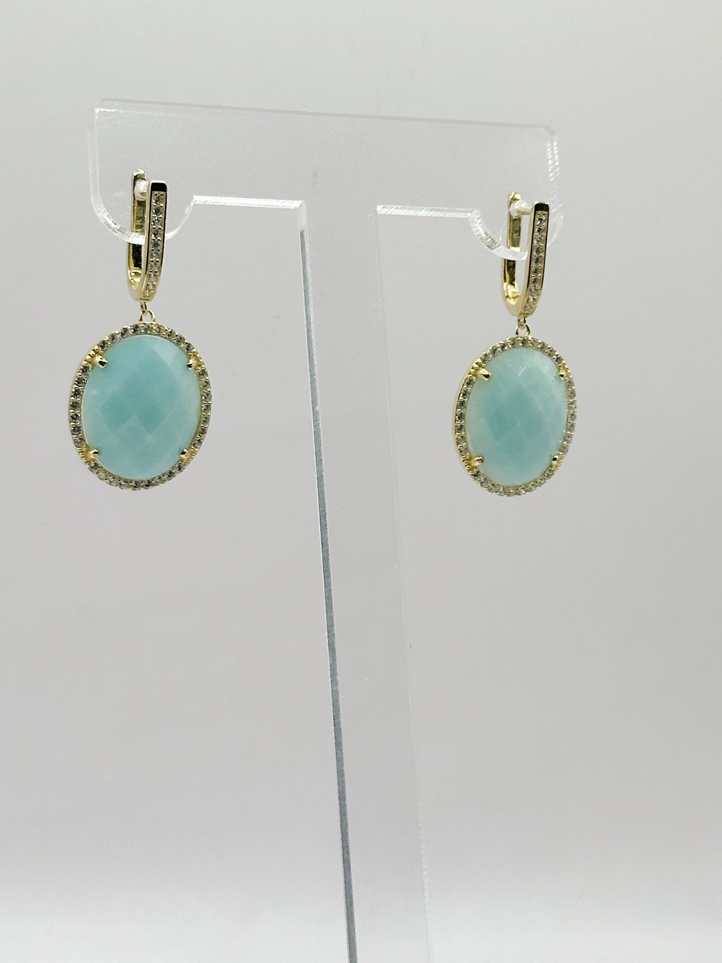 Pantallas Piedra Amozonite, White Zirconia, Plata 925, Gold Plated