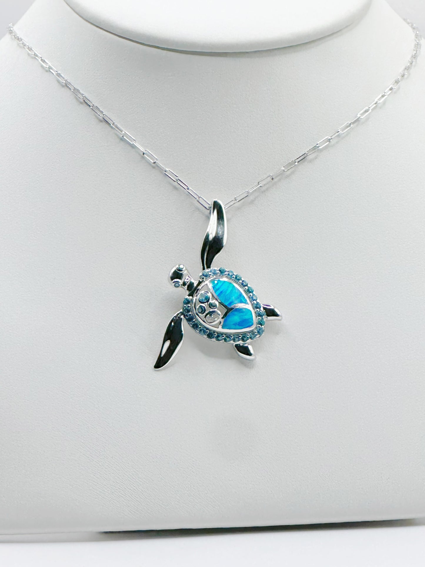 Cadena Paper Clip, Charm Tortuga Tail Ópalo Azul y Topaz Sky Blue y Zirconias Blanca , Plata 925, Rhodium Plated