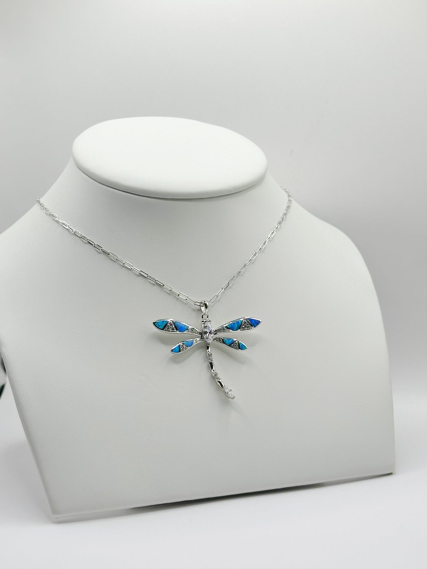 Cadena Paper Clip, Charm Libélula Ópalo Azul y Zirconia Blanca, Plata 925, Rhodium Plated