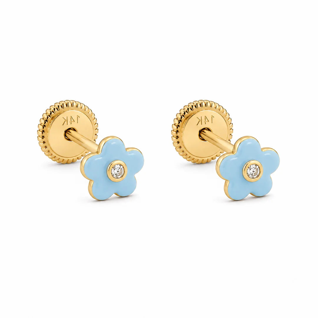 14K Spanish Screw Back Earrings: Small Flower Enamel Center Cubic Zirconia- Blue