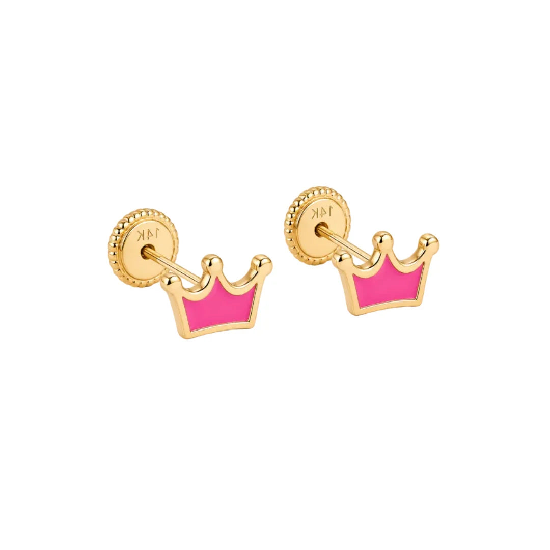 14K Spanish Screw Back Earrings: Enamel Princess Crown- Pink