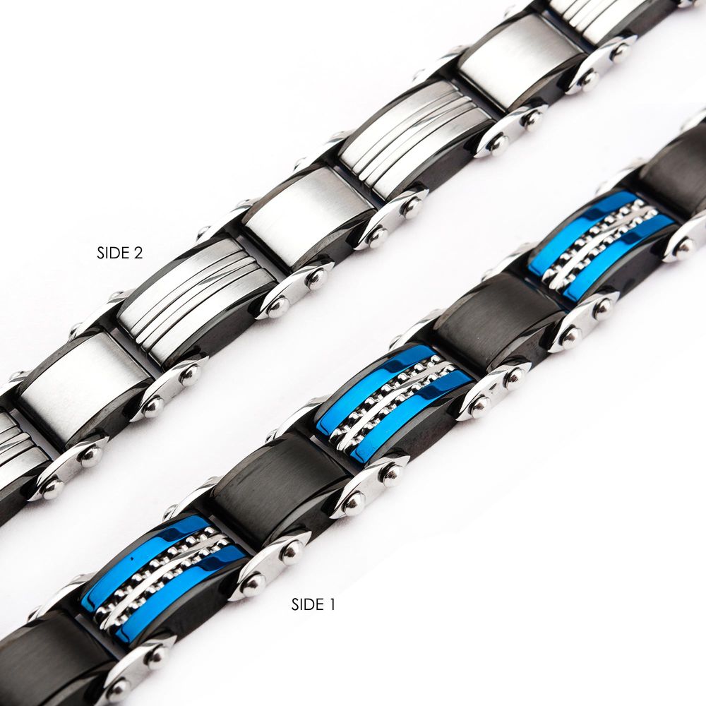 INOX Double Sided Stainless Steel Black IP & Blue IP Reversible Bracelet