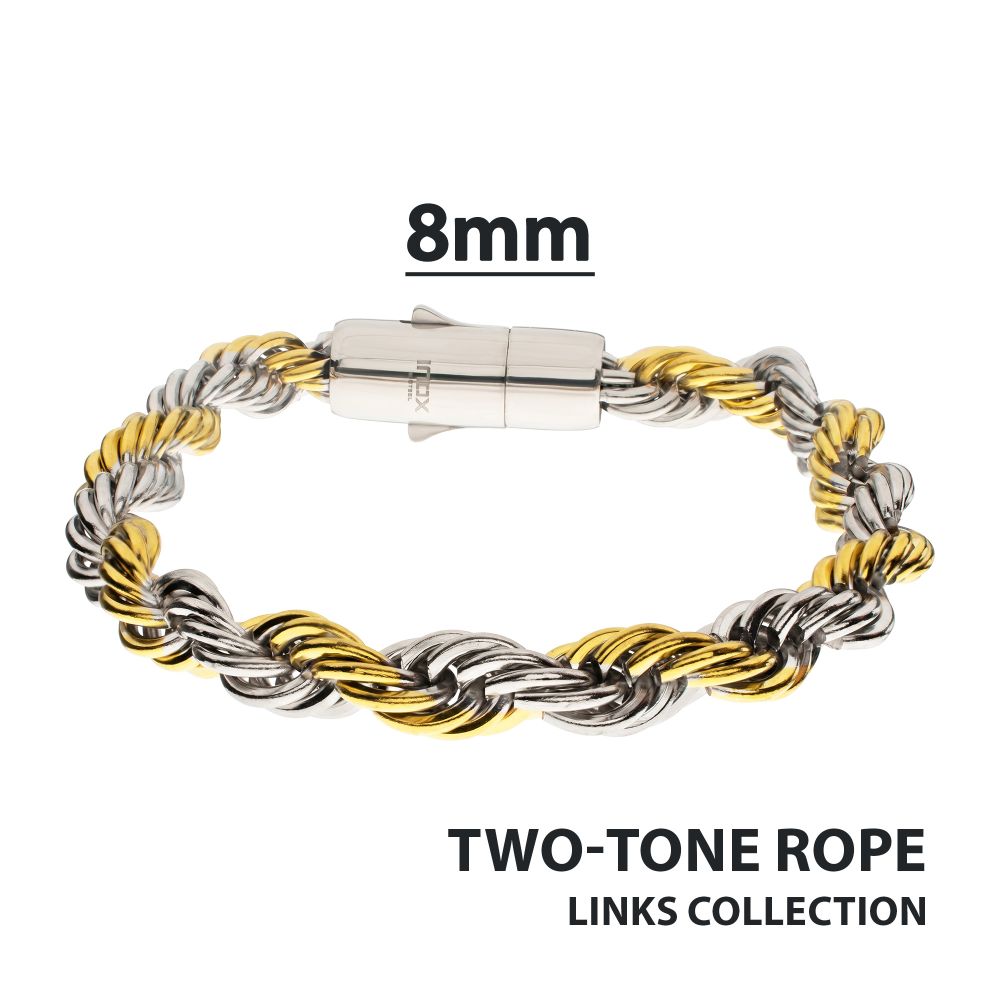 INOX 8mm 18Kt Gold IP Steel Two-Tone Rope Chain Bracelet