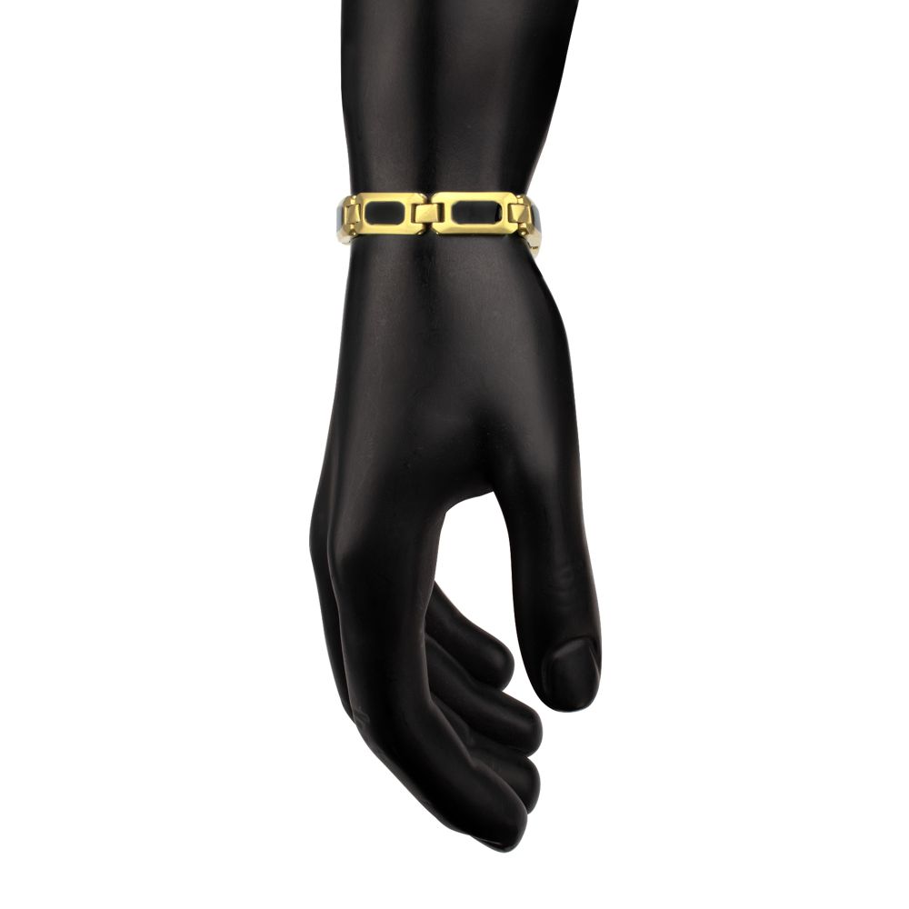 18Kt Gold IP Matte Finish Steel Black Onyx Stone Inlay Sizeable Link Bracelet