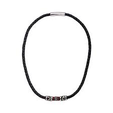 Black Full Grain Cowhide Leather with Red Orange Steel Necklace