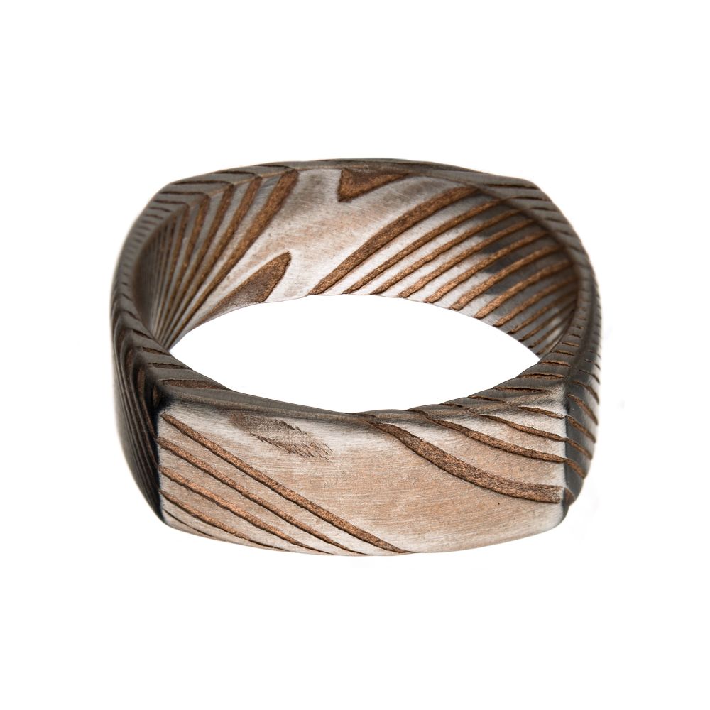 8mm Matte Finish Rose Gold IP Damascus Steel Square Edge Ring