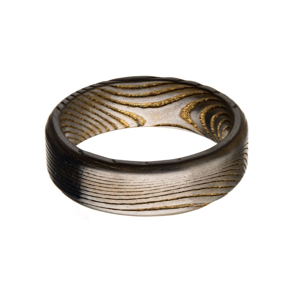 7mm Matte Finish Gold IP Damascus Steel Band Ring
