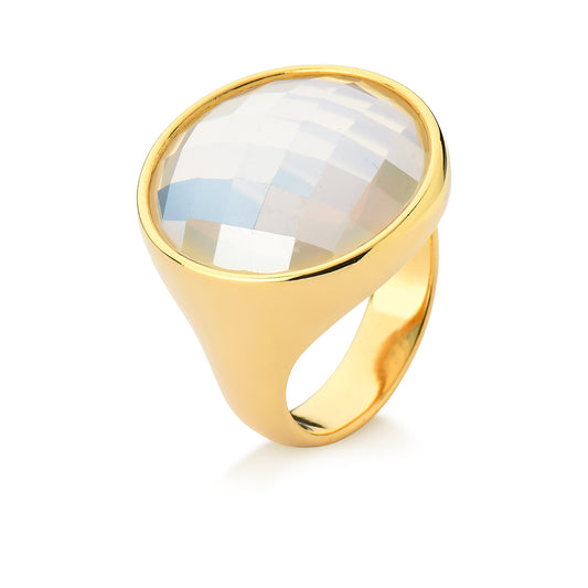 Possebon Joias Sortija, Size 7, Piedra Natural Porcelana Perlada, Brass Gold Plated