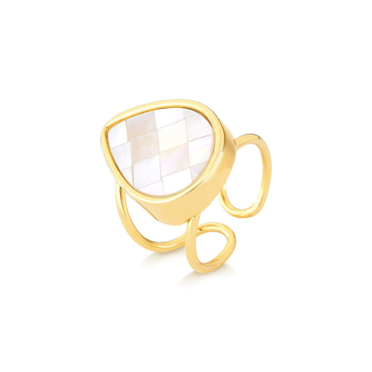 Possebon Joias Sortija, Size Ajustable, Piedra Natural Mosaíco Madre Perla, Brass Gold Plated