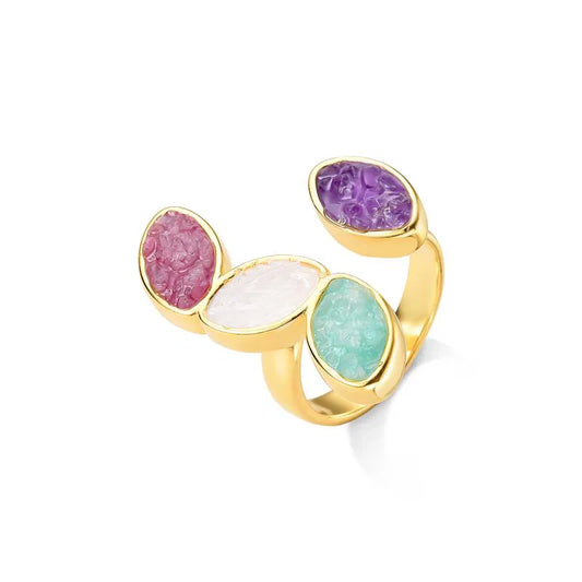 Possebon Joias Sortija, Tamaño Ajustable, Piedra Natural Amazonita Verde/ Selenita/ Rodonita Rosa/ Amatista, Brass Gold Plated