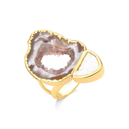 Possebon Joias Sortija, Size 9, Piedra Natural Selenita, Brass Gold Plated