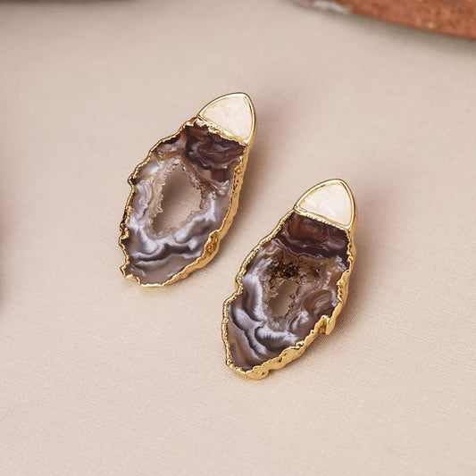 Possebon Joias Pantallas Stud, Piedra Natural Selenita con Geode Natural, Brass Gold Plated