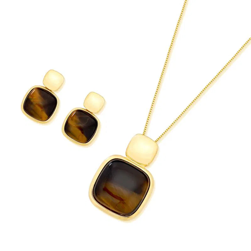 Possebon Joias Set Collar y Pantallas Stud, Piedra Natural Ojo de Tigre, Brass Gold Plated