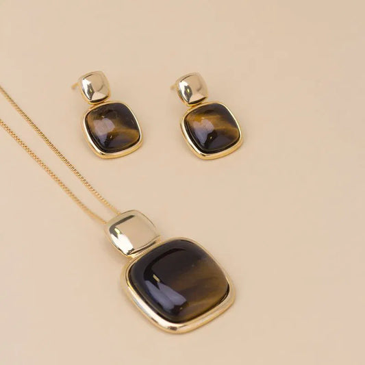 Possebon Joias Set Collar y Pantallas Stud, Piedra Natural Ojo de Tigre, Brass Gold Plated