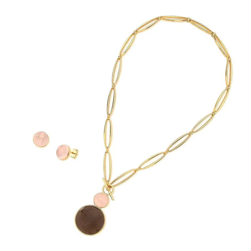 Possebon Joias Set Collar y Pantallas Stud, Piedra Natural Cuarzo Rosa y Obsidiana Ahumada , Brass Gold Plated