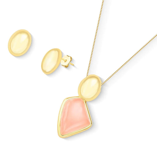 Possebon Joias Set Collar y Pantallas Stud, Piedra Natural Cuarzo Rosa, Brass Gold Plated