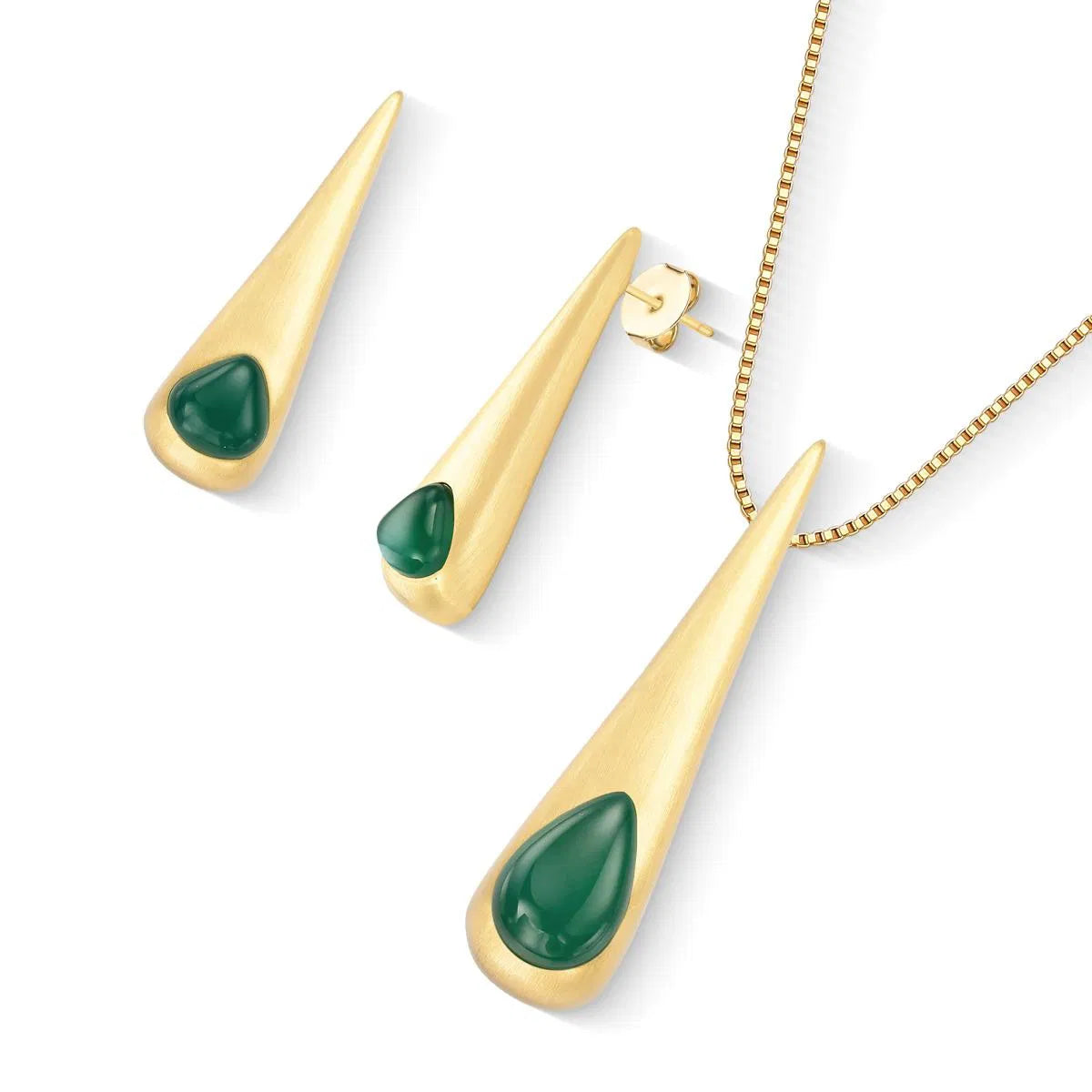 Possebon Joias Set Collar y Pantallas Stud, Piedra Natural Cuarzo Verde, Brass Gold Plated